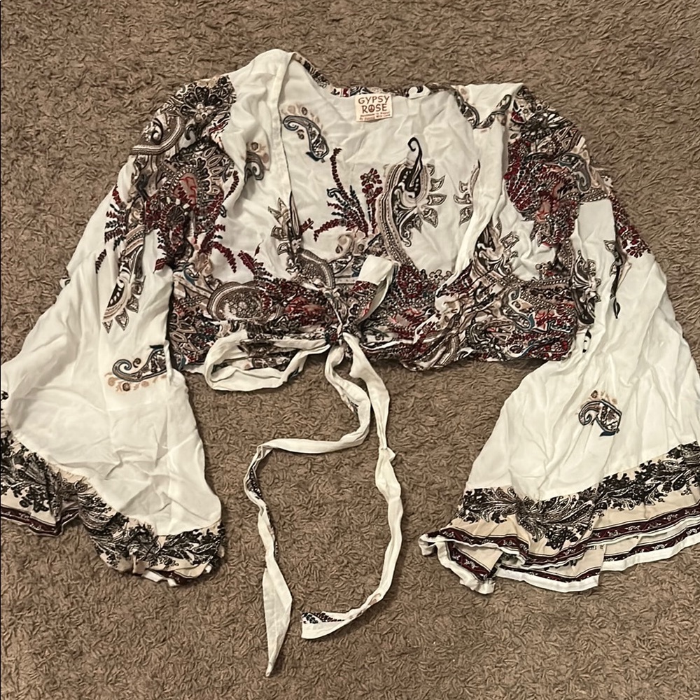 White and Brown Crop Blouse with Bell Sleeves